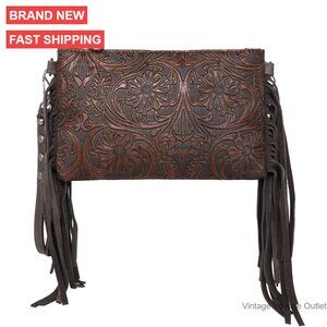 Western Style Crossbody Wristlet Purse with Floral Embossed Design